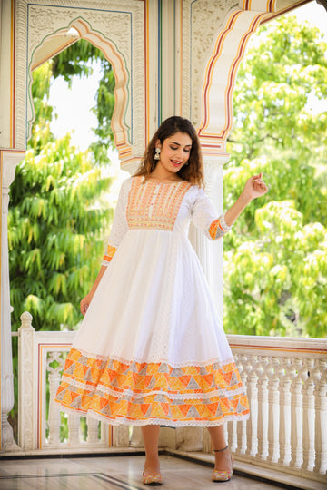 White and Orange Anarkali Schiflli Kurta Dupatta Sets